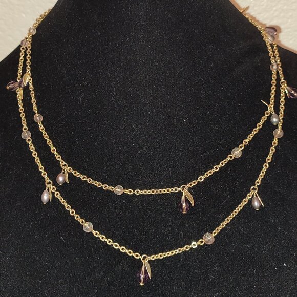 Bohemian Purple Pearls and Gold Leaf Necklace Long Versatile Vintage Academia - Picture 1 of 9